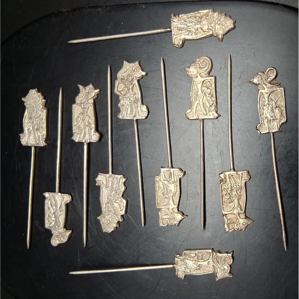 Vintage Sterling Silver Cocktail Picks Forks 13pc Wayang‎ Kulit Taxco 925 Set